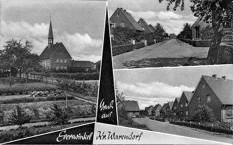 Postkarte mit drei Motiven: Horstsiedlung, Pattkamp und Evangelische Kirche