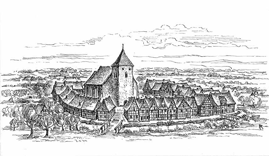 Illustration der Häuserreihe rund um den Kirchplatz und die St.–Magnus–Kirche