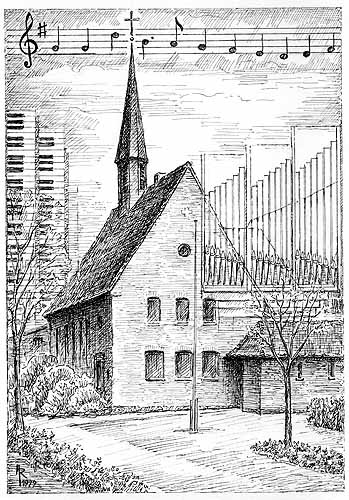Federzeichnung der Johannes–Kirche mit der Darstellung von Orgelpfeifen, Tastatur und den Noten des Liedes 