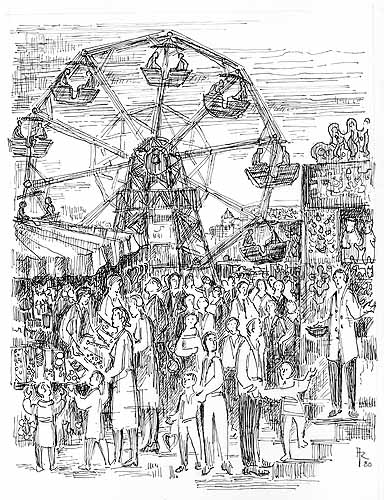 Die Vitus–Kirmes an der Bergstraße dargestellt mit Riesenrad und Verkaufsständen 