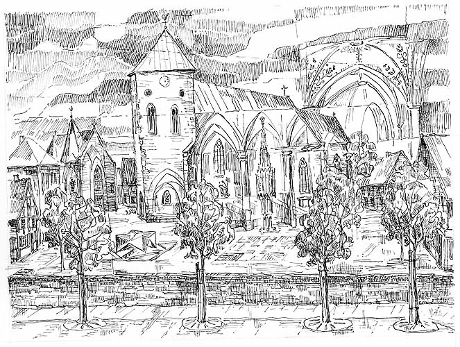 Ansicht des Kirchplatzes und der St.–Magnus–Kirche von Süden, von der Vitusstraße 