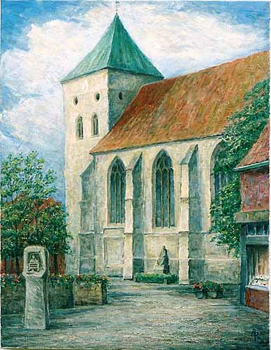 Ansicht der St.–Magnus–Kirche mit dem Weberdenkmal von Südosten 