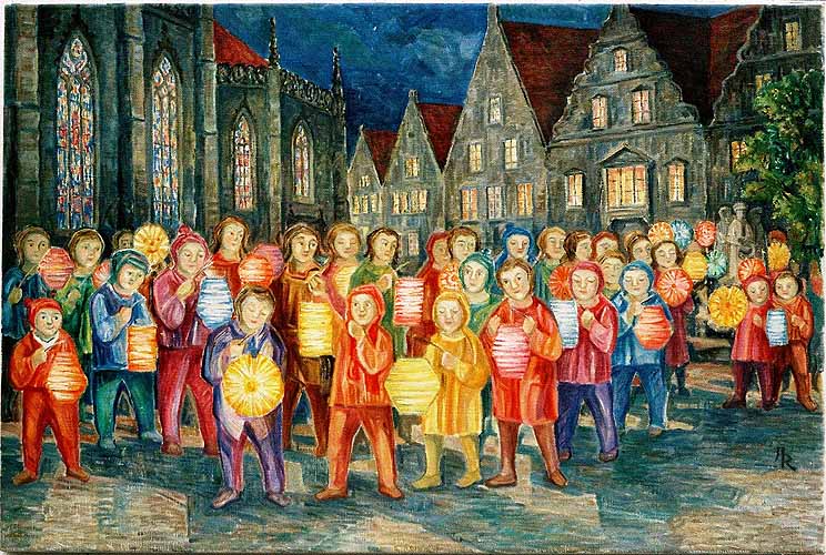 Lambertus–Fest, Kinder mit Laternen auf dem Lambertikirchplatz in Münster